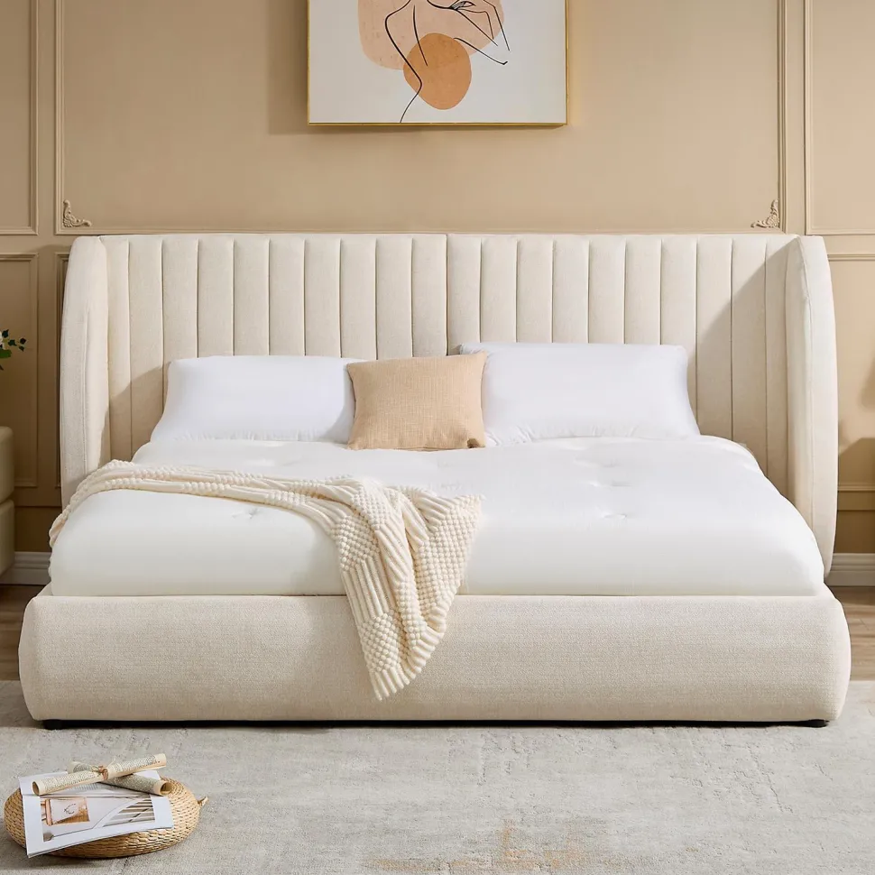 Lit-coffre complet avec tête de lit modulable Cocon 180x200cm Tissu Beige