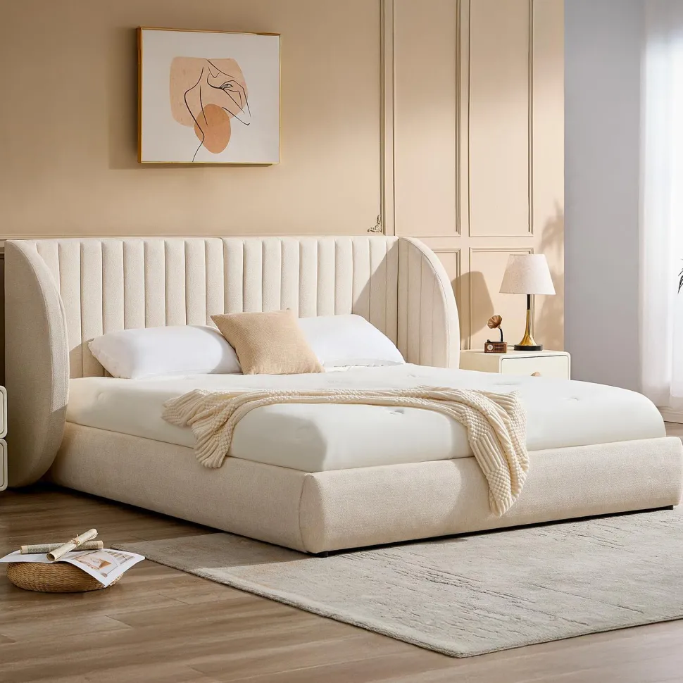Lit-coffre complet avec tête de lit modulable Cocon 180x200cm Tissu Beige
