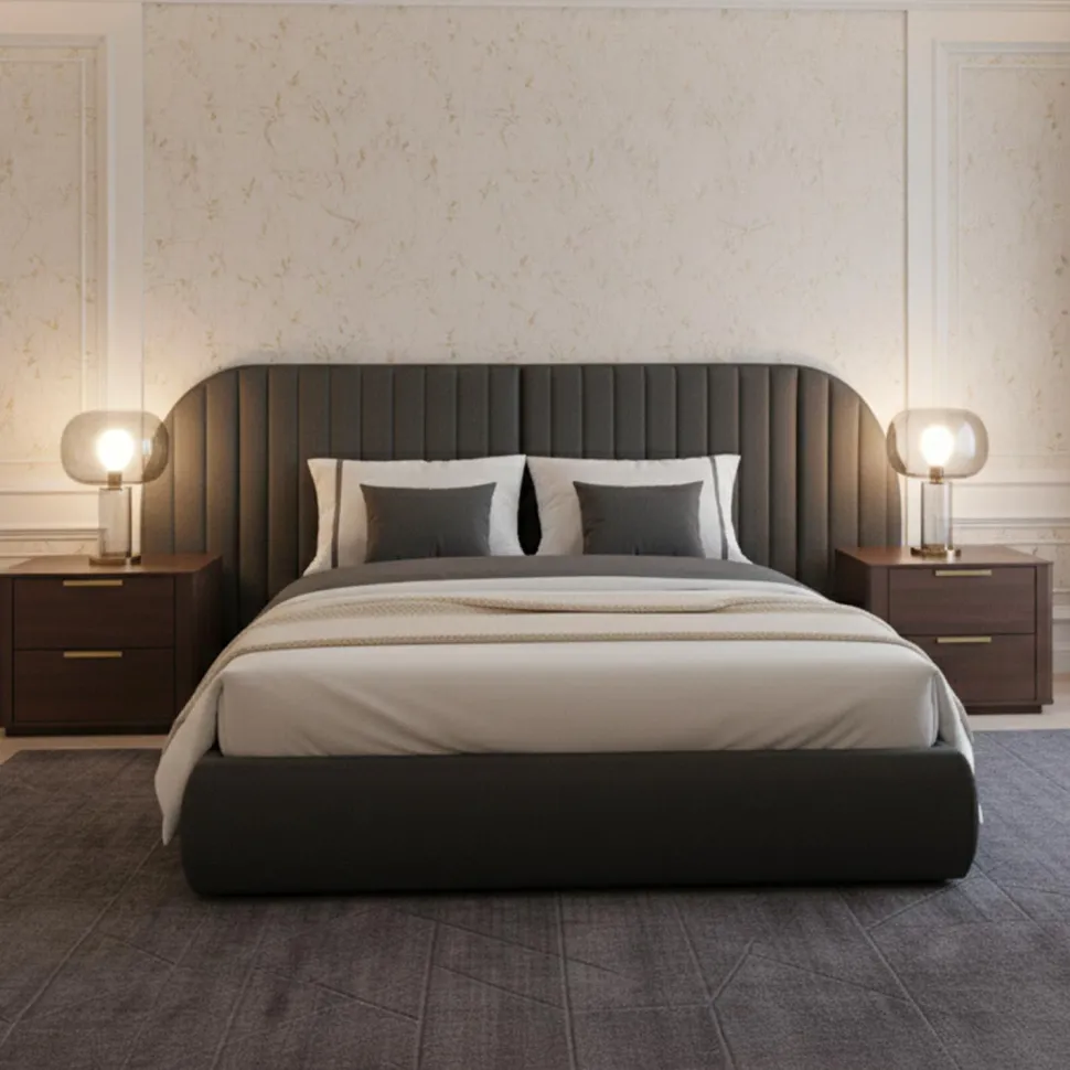 Lit-coffre complet avec tête de lit modulable Cocon 160x200cm Tissu Gris foncé
