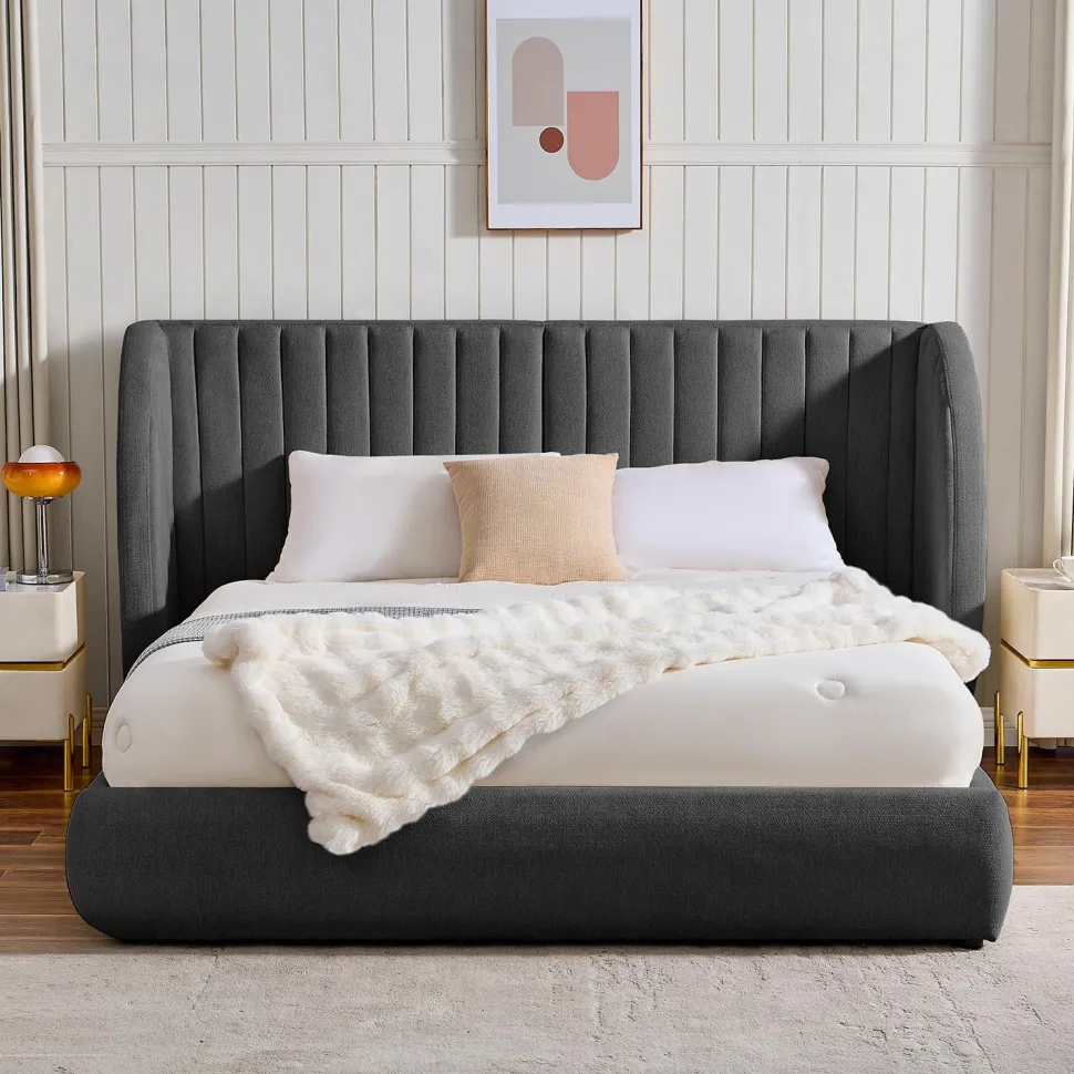 Lit-coffre complet avec tête de lit modulable Cocon 160x200cm Tissu Gris foncé