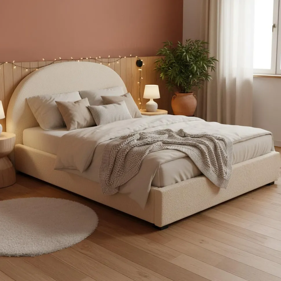 Lit-coffre complet avec tête de lit arrondie Bowiz 140x190cm Tissu bouclette Beige