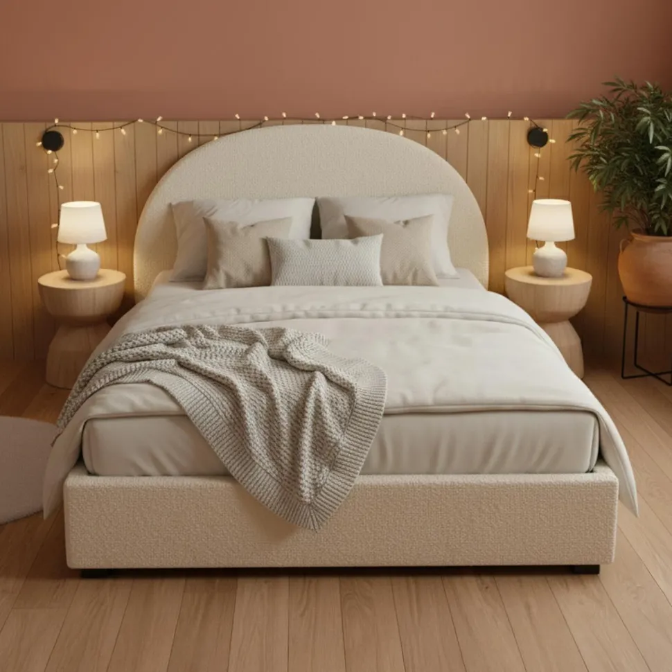 Lit-coffre complet avec tête de lit arrondie Bowiz 140x190cm Tissu bouclette Beige