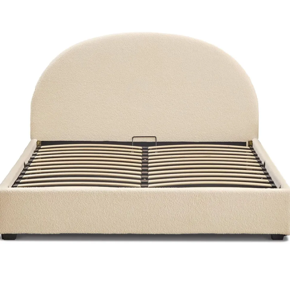 Lit-coffre complet avec tête de lit arrondie Bowiz 140x190cm Tissu bouclette Beige