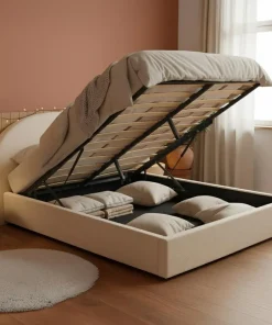 Lit-coffre complet avec tête de lit arrondie Bowiz 140x190cm Tissu bouclette Beige