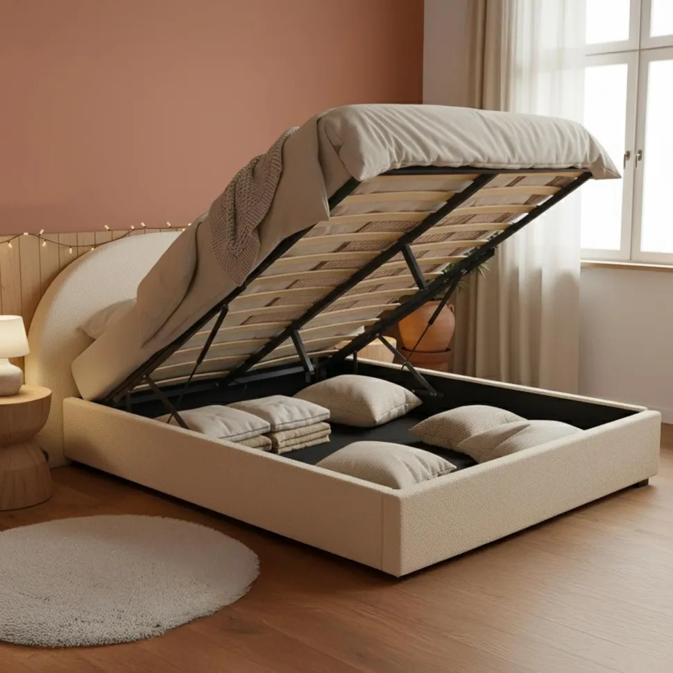 Lit-coffre complet avec tête de lit arrondie Bowiz 140x190cm Tissu bouclette Beige
