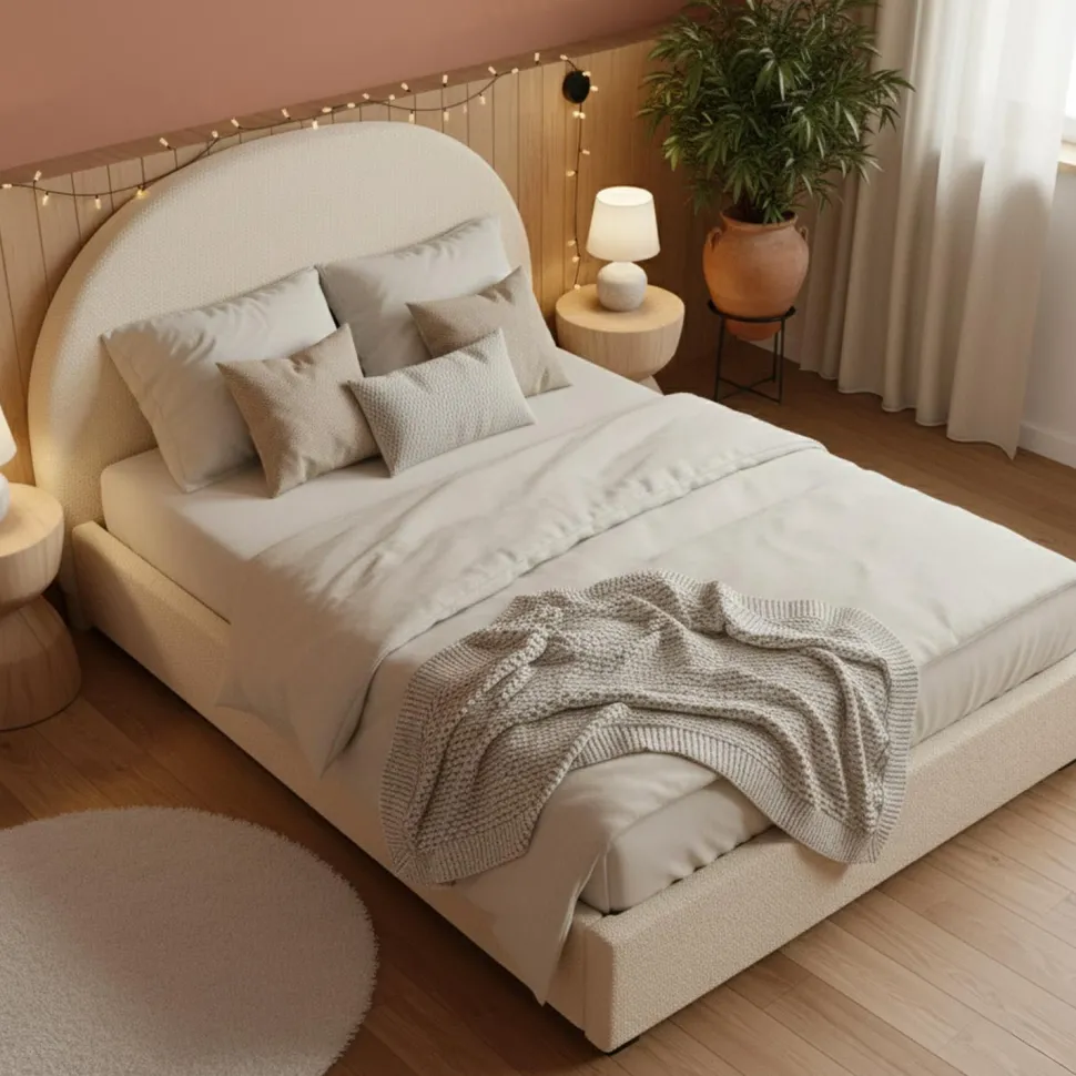 Lit-coffre complet avec tête de lit arrondie Bowiz 140x190cm Tissu bouclette Beige