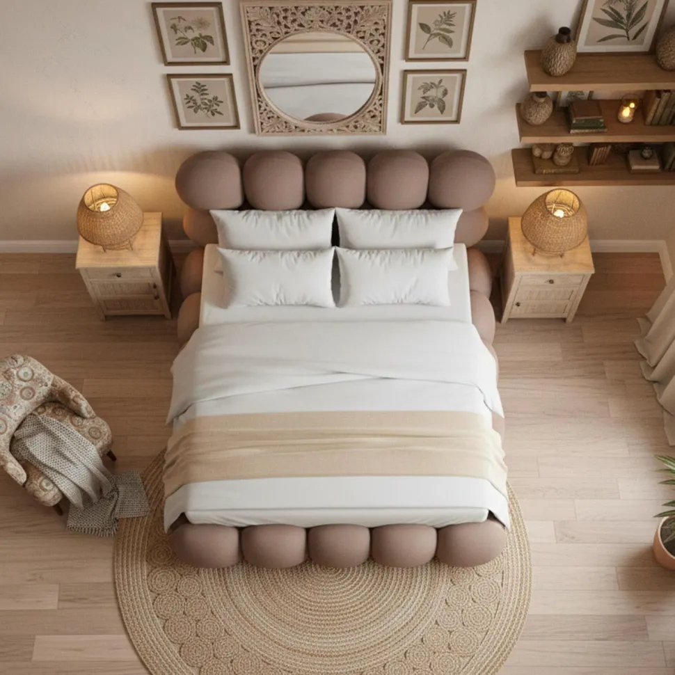 Lit-coffre design boule Bilbola avec sommier relevable 140x190cm Velours Taupe