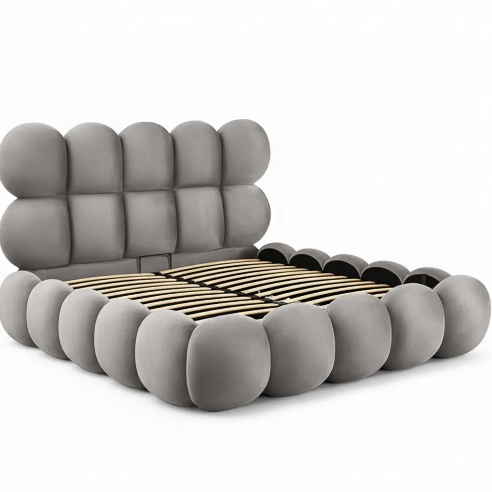 Lit-coffre design boule Bilbola avec sommier relevable 140x190cm Velours Gris