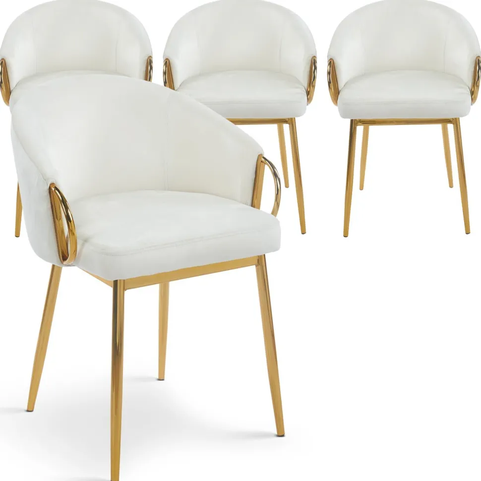 Lot de 4 chaises arrondies et matelassées Patricia Métal doré et Velours Crème