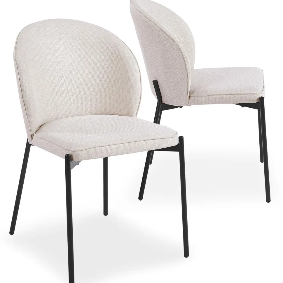 Lot de 2 chaises arrondies et matelassées Isabeau Métal Noir et Tissu Beige