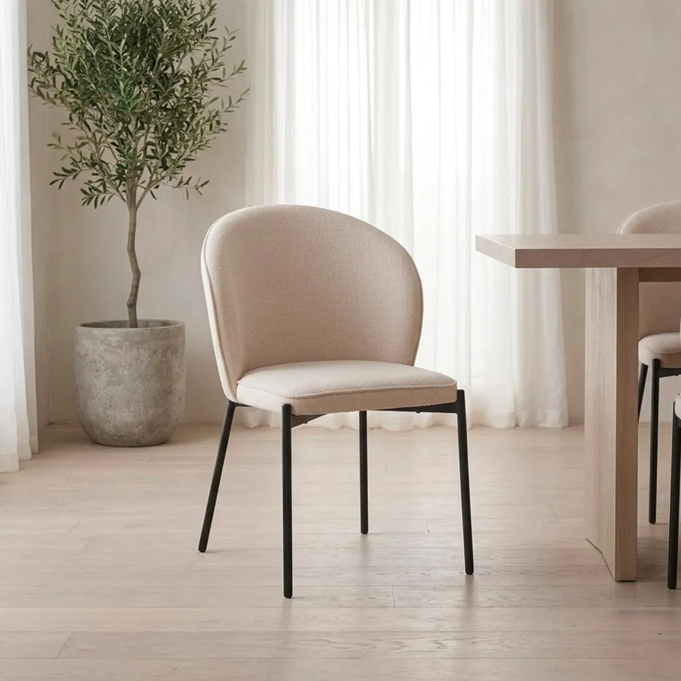 Lot de 2 chaises arrondies et matelassées Isabeau Métal Noir et Tissu Beige