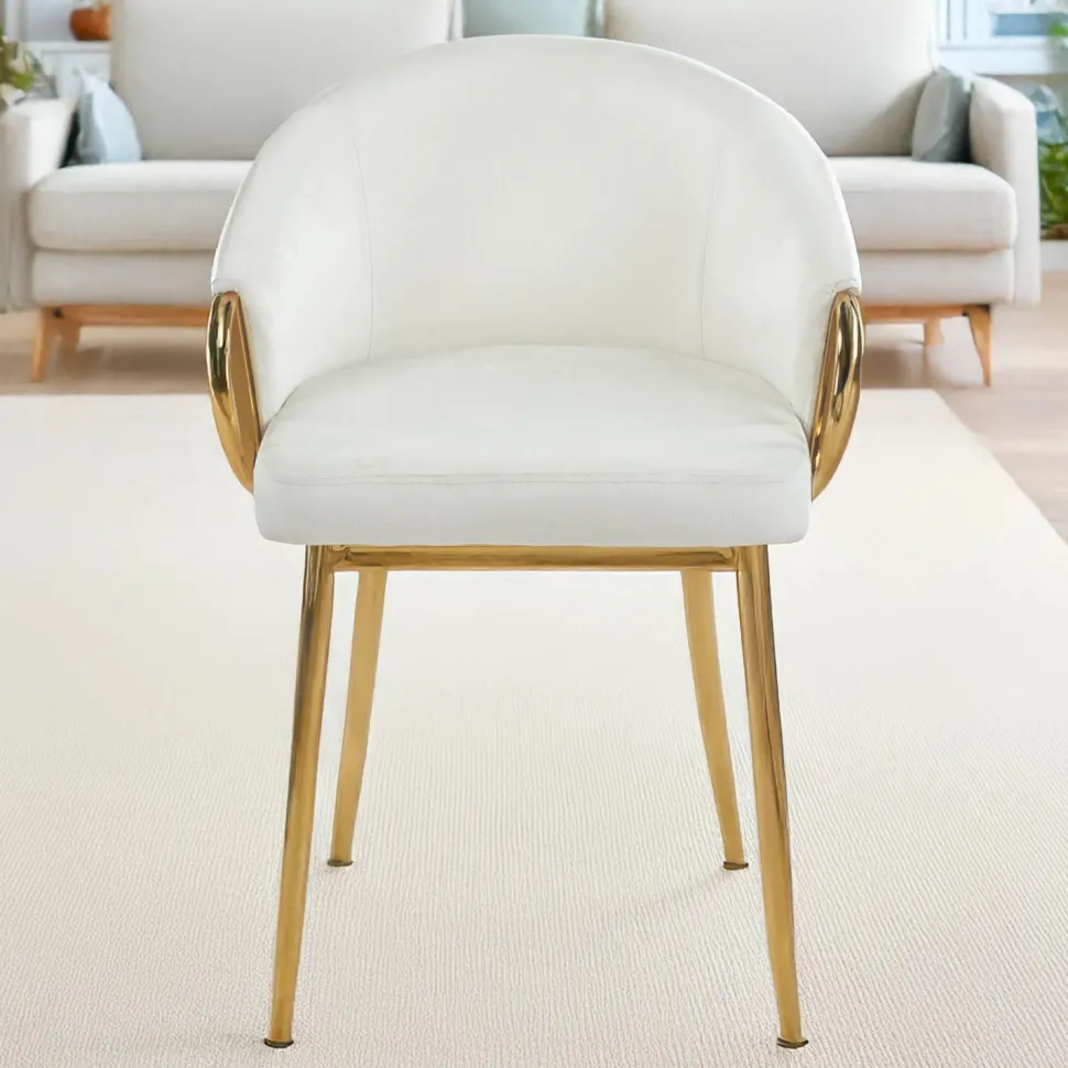 Lot de 8 chaises arrondies et matelassées Patricia Métal doré et Velours Crème