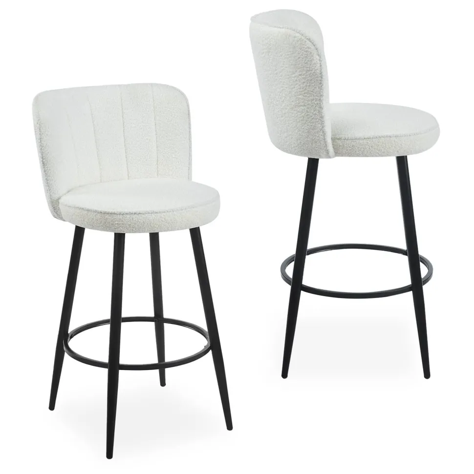 Lot de 2 chaises de bar au dossier incurvé Philippa Tissu bouclette Crème