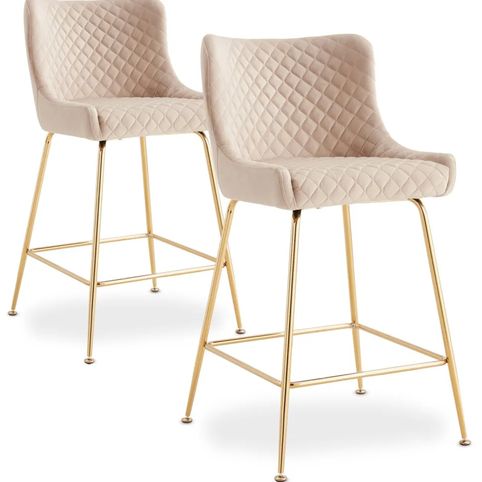 Lot de 2 chaises de bar Bellamy Velours Beige pieds Or