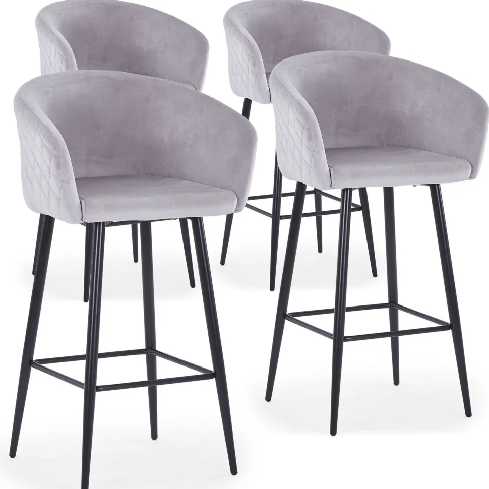 Lot de 4 chaises de bar Bobby Velours Argent