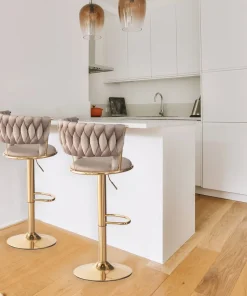 Lot de 2 chaises de bar dossier arrondi style maillage Xenox Velours Taupe et Métal Or