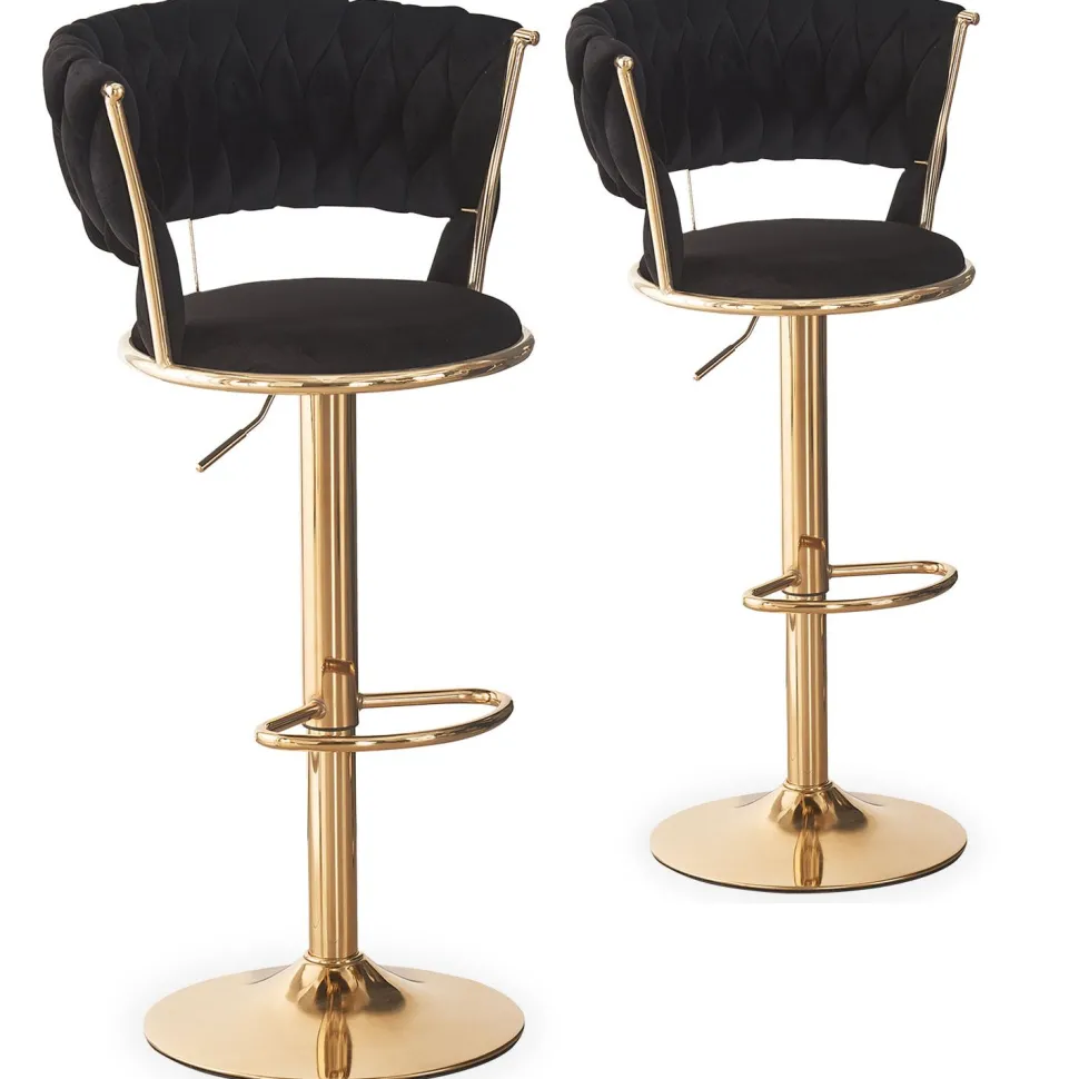 Lot de 2 chaises de bar dossier arrondi style maillage Xenox Velours Noir et Métal Or