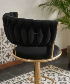 Lot de 2 chaises de bar dossier arrondi style maillage Xenox Velours Noir et Métal Or