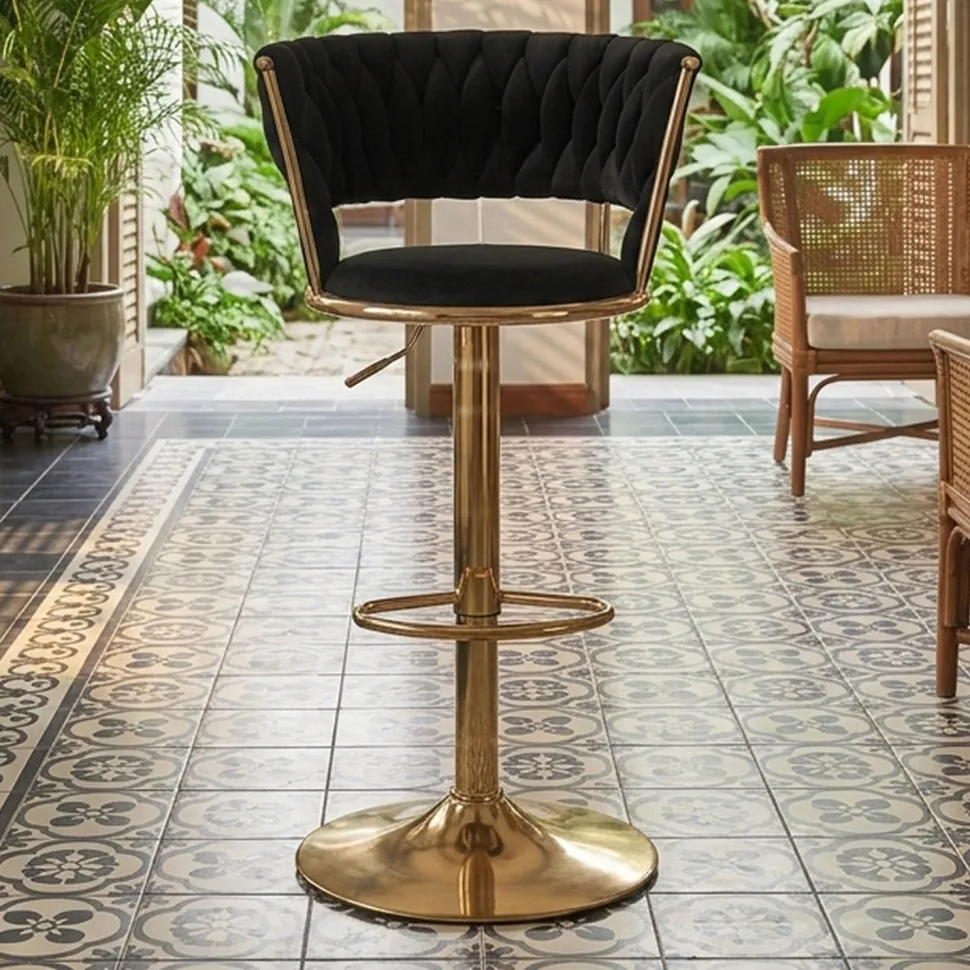 Lot de 2 chaises de bar dossier arrondi style maillage Xenox Velours Noir et Métal Or