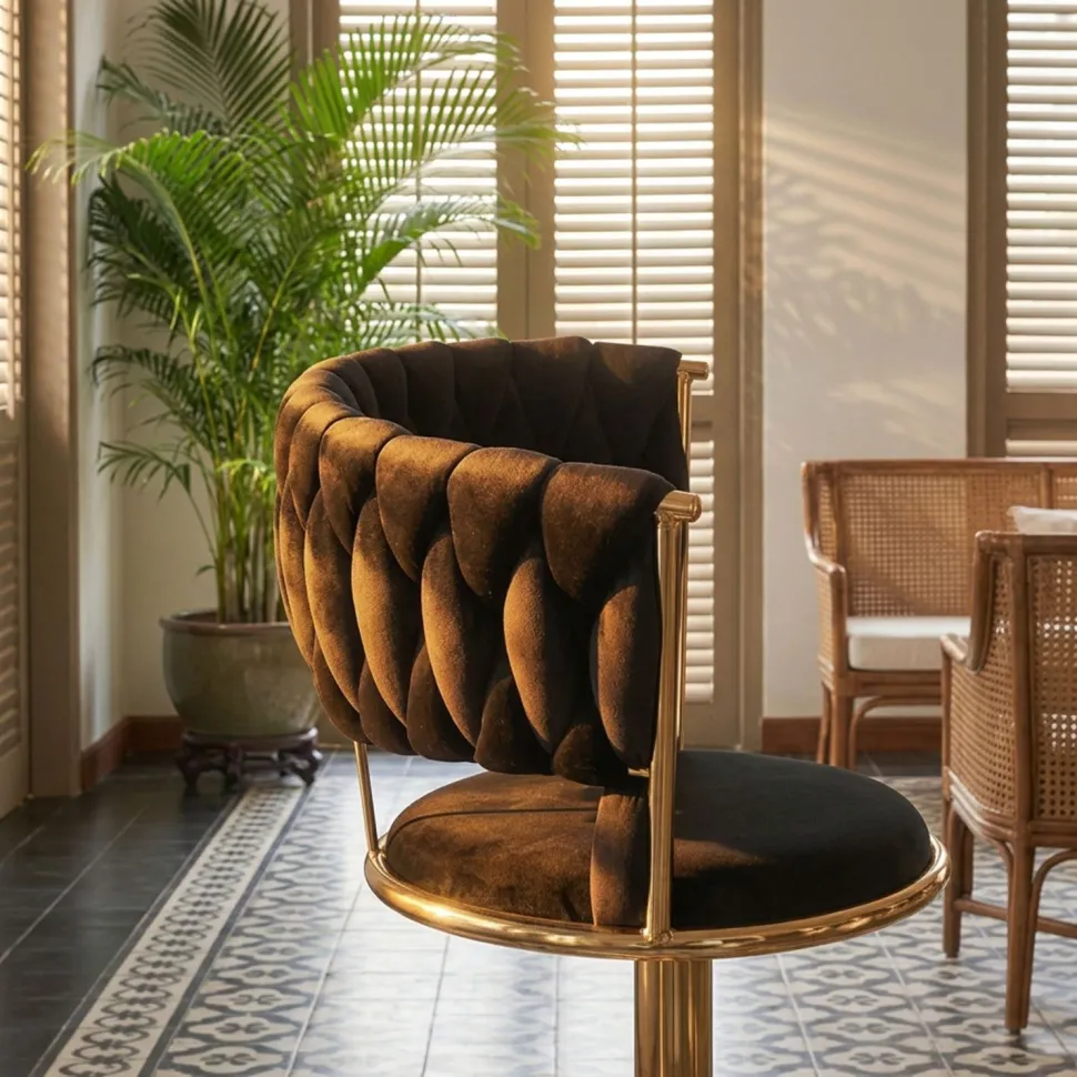 Lot de 2 chaises de bar dossier arrondi style maillage Xenox Velours Noir et Métal Or