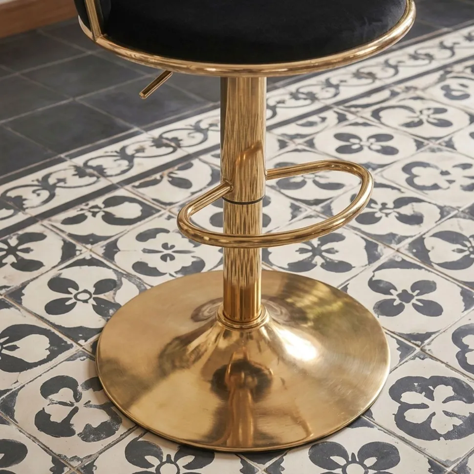 Lot de 2 chaises de bar dossier arrondi style maillage Xenox Velours Noir et Métal Or