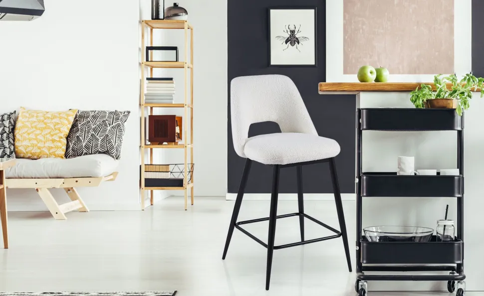 Lot de 2 chaises de bar Ecuador Métal Noir et Tissu bouclette Crème