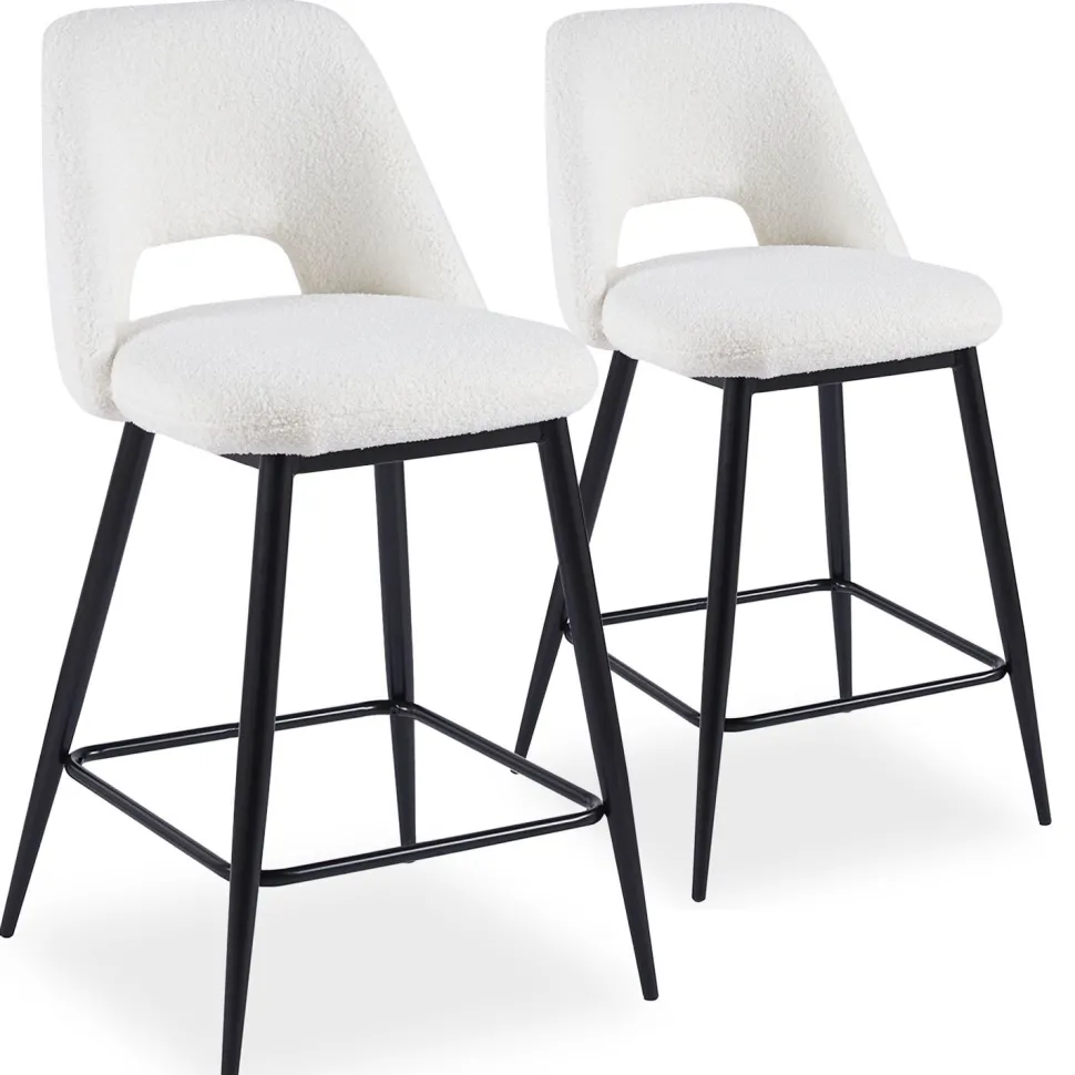 Lot de 2 chaises de bar Ecuador Métal Noir et Tissu bouclette Crème