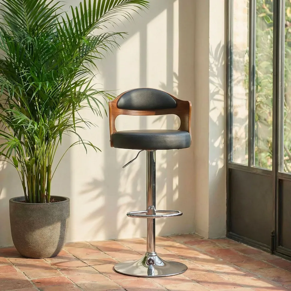 Lot de 6 chaises de bar Ruben Bois Noisette et Simili Noir