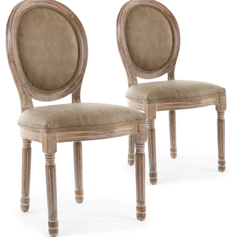 Lot de 2 chaises de style médaillon Louis XVI Bois massif patiné et Simili Taupe