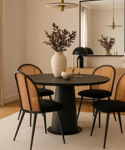 Lot de 6 chaises design Showan avec cannage Rotin et Tissu bouclette Noir