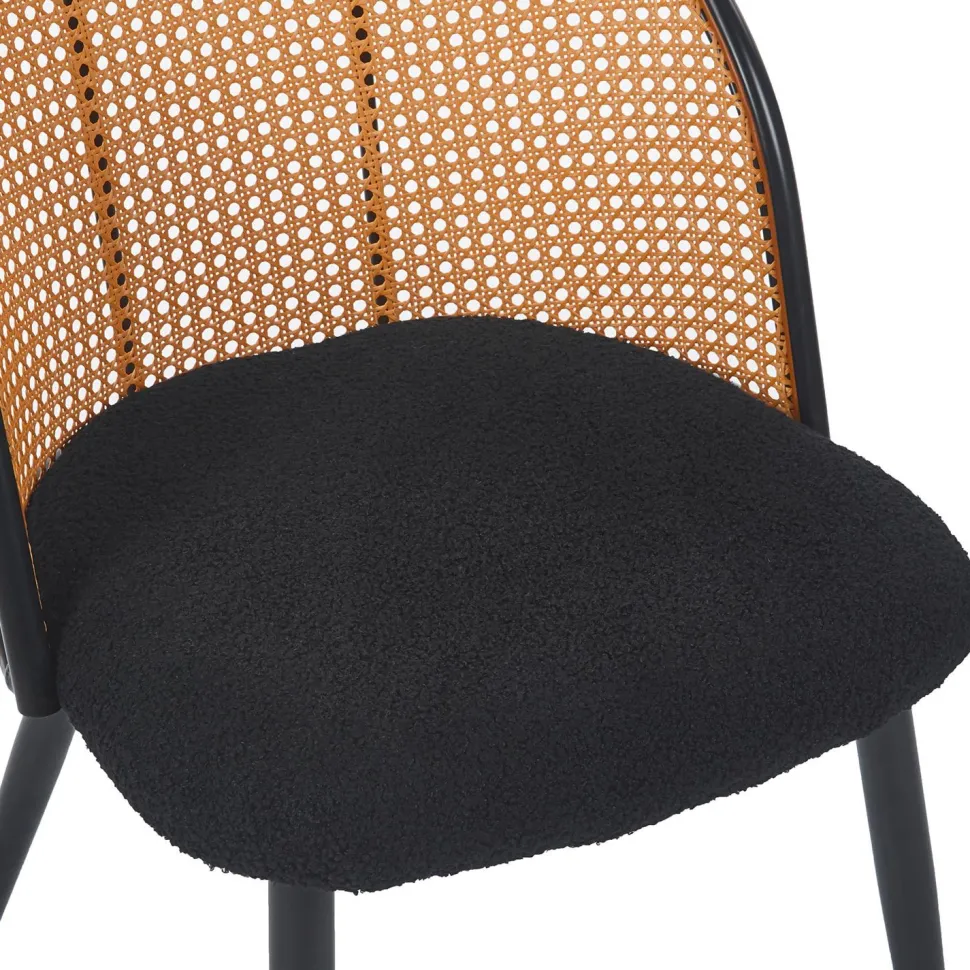 Lot de 6 chaises design Showan avec cannage Rotin et Tissu bouclette Noir