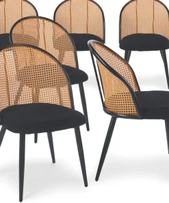Lot de 6 chaises design Showan avec cannage Rotin et Tissu bouclette Noir