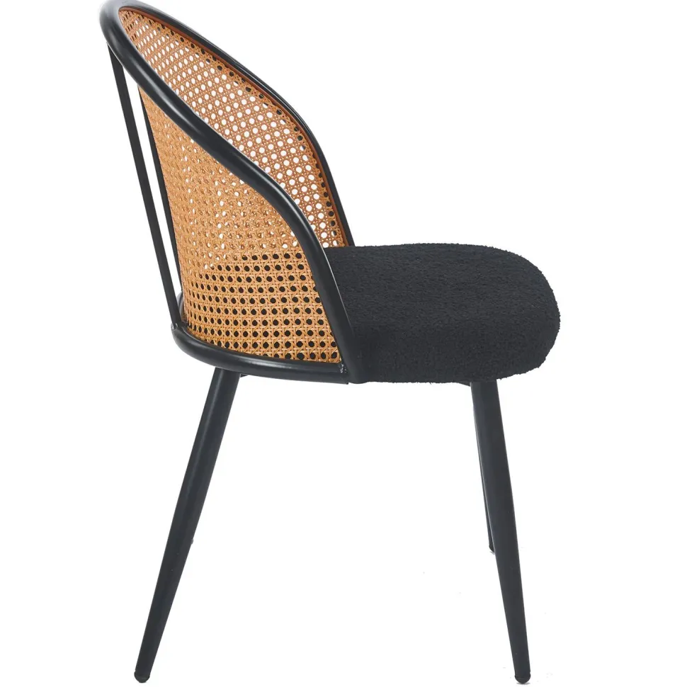 Lot de 4 chaises design Showan avec cannage Rotin et Tissu bouclette Noir