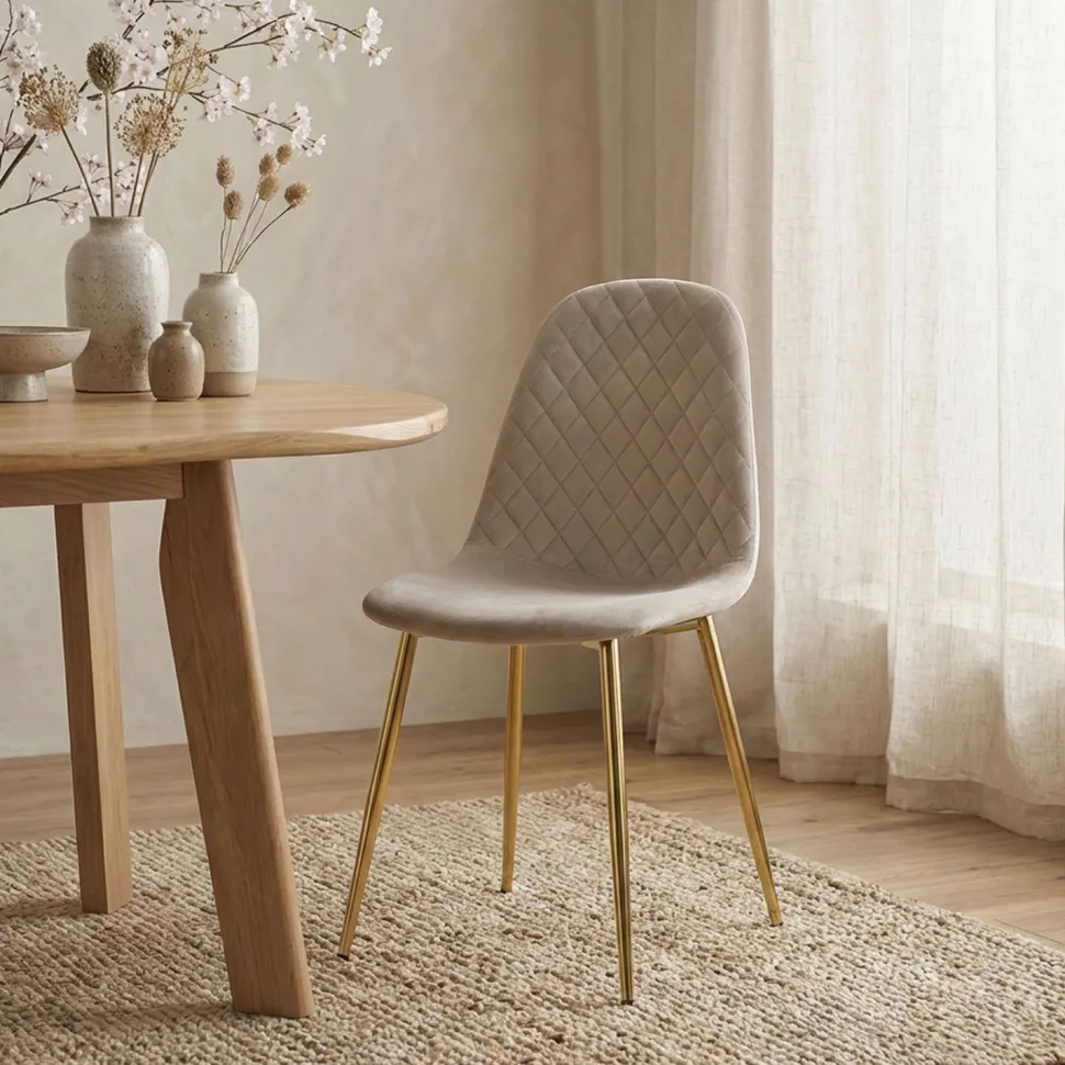 Lot de 8 chaises matelassées Norway Pieds Or et Velours Taupe