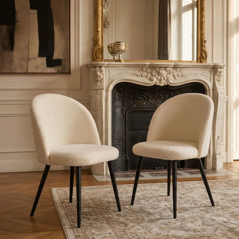 Lot de 2 chaises Maury Métal noir et Tissu bouclette Crème