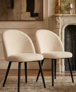 Lot de 2 chaises Maury Métal noir et Tissu bouclette Crème