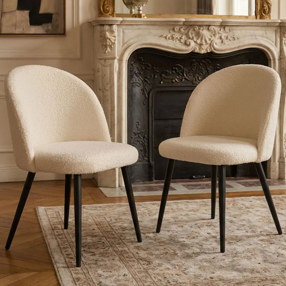 Lot de 2 chaises Maury Métal noir et Tissu bouclette Crème