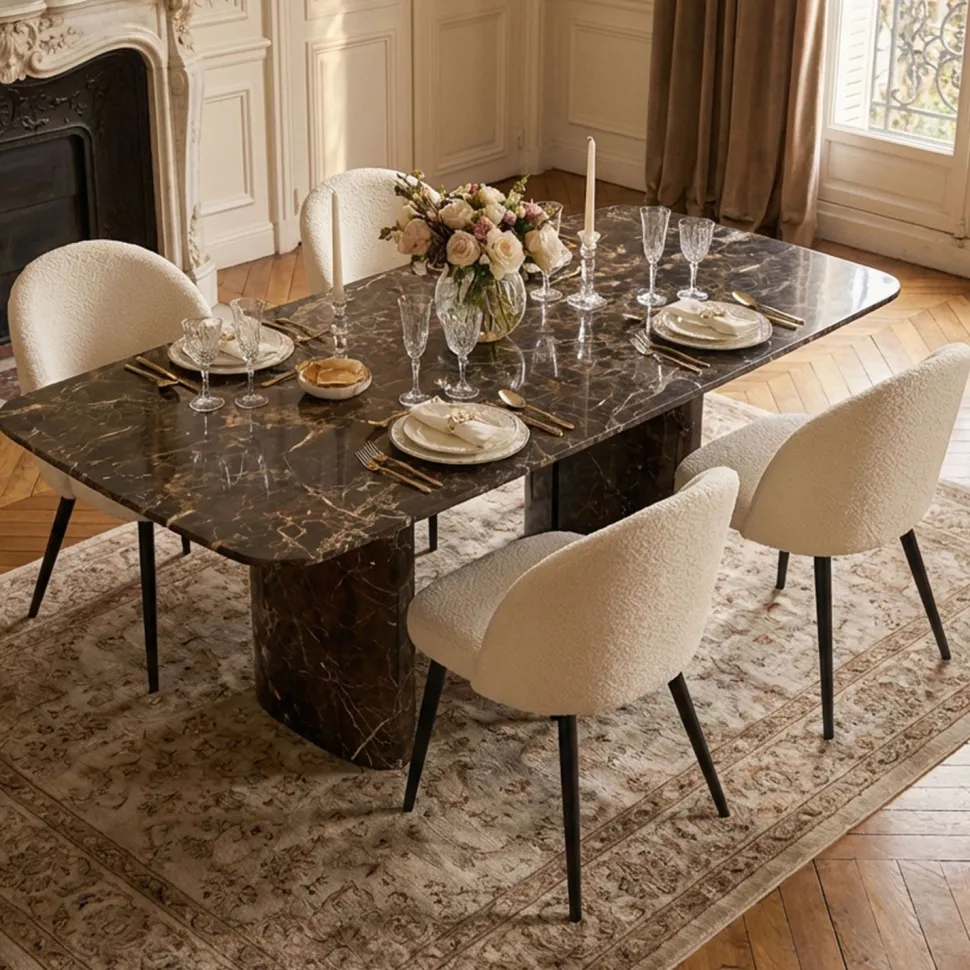 Lot de 4 chaises Maury Métal noir et Tissu bouclette Crème