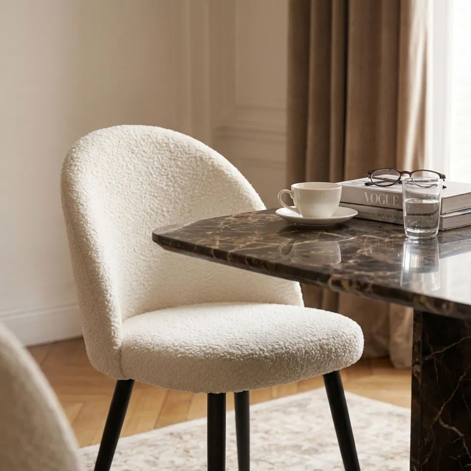 Lot de 4 chaises Maury Métal noir et Tissu bouclette Crème
