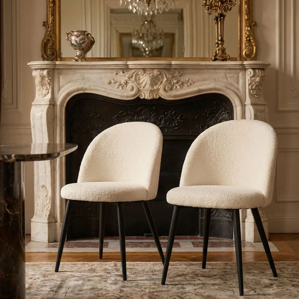Lot de 4 chaises Maury Métal noir et Tissu bouclette Crème