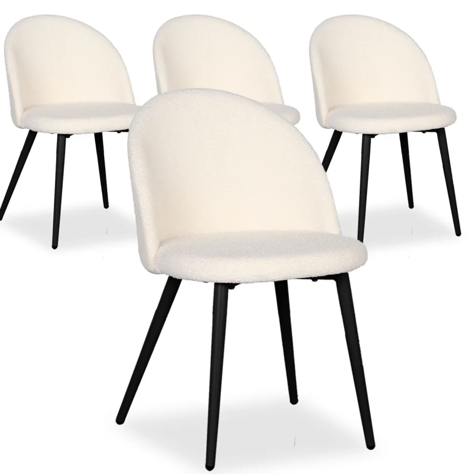 Lot de 4 chaises Maury Métal noir et Tissu bouclette Crème