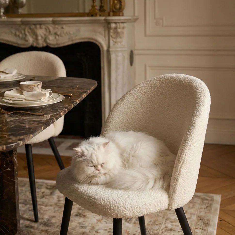 Lot de 4 chaises Maury Métal noir et Tissu bouclette Crème