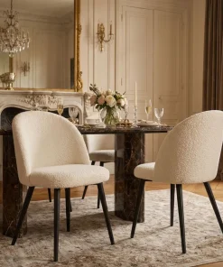 Lot de 4 chaises Maury Métal noir et Tissu bouclette Crème