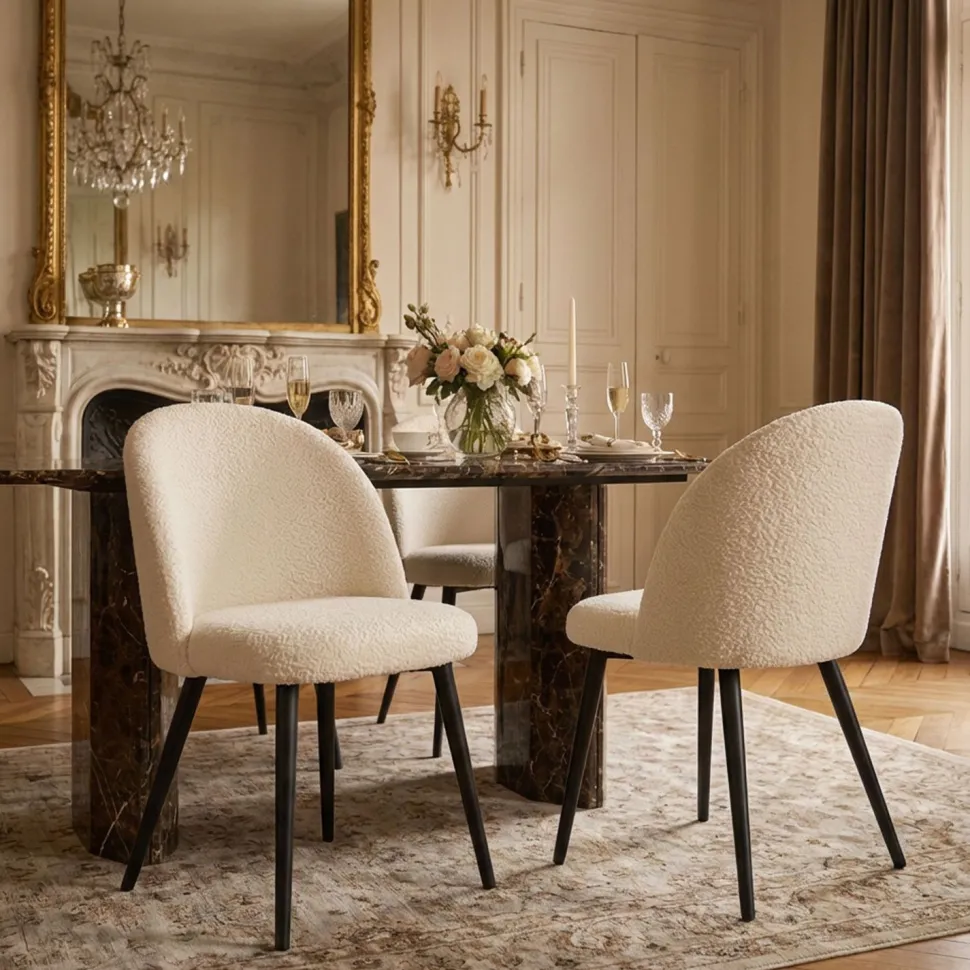Lot de 4 chaises Maury Métal noir et Tissu bouclette Crème