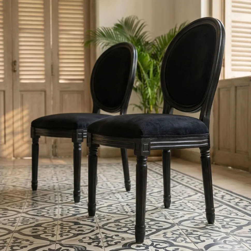 Lot de 2 chaises médaillon Louis XVI Black Bois massif et Velours Noir