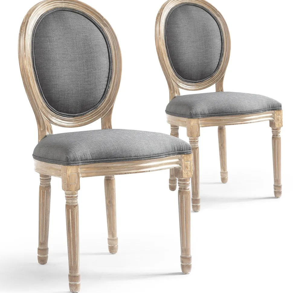 Lot de 2 chaises médaillon style Louis XVI Bois massif patiné et Tissu Gris