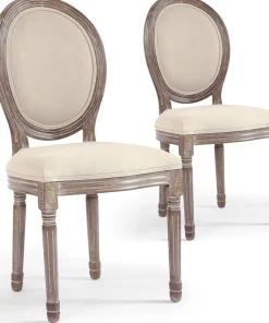 Lot de 2 chaises médaillon style Louis XVI Bois massif patiné et Tissu Beige