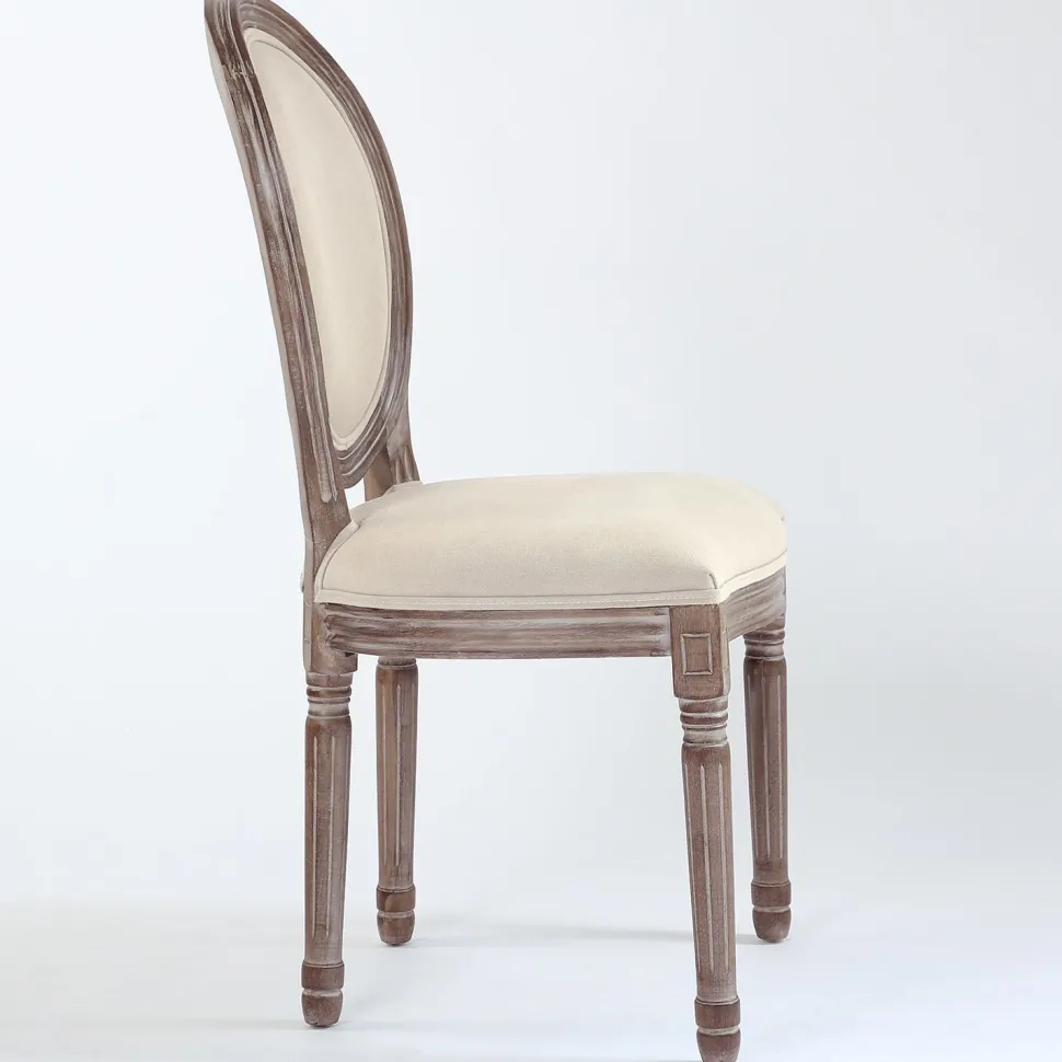 Lot de 2 chaises médaillon style Louis XVI Bois massif patiné et Tissu Beige