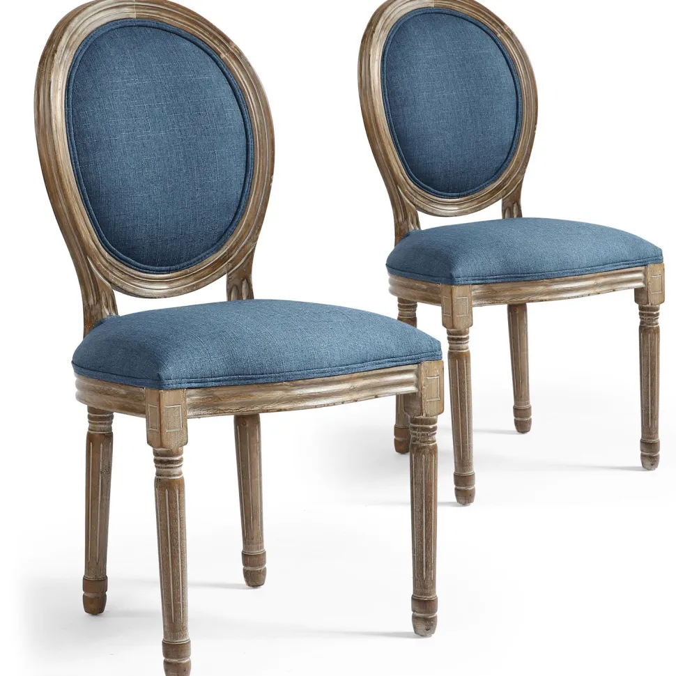Lot de 2 chaises médaillon Louis XVI Bois massif patiné et Tissu Bleu