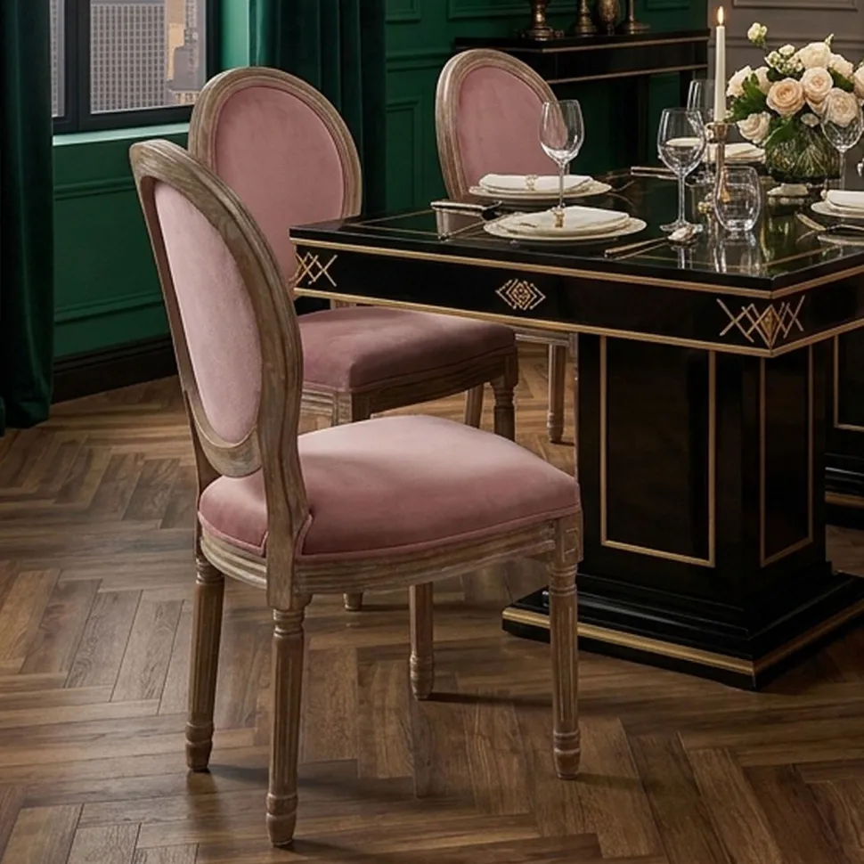 Lot de 2 chaises médaillon Louis XVI Bois massif patiné et Velours Rose poudré